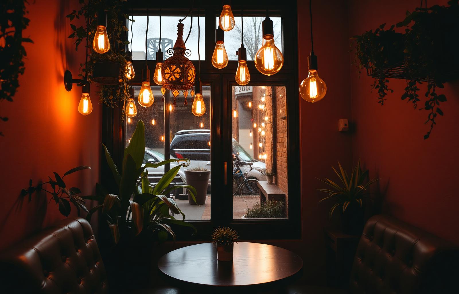 Warm Edison bulbs and plants inside Rénao — Café | Bistro
